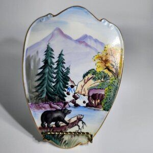 Lefton Porcelain Bear Outdoor Scene Hand Painted Free Stand Plaque 588 Vintage